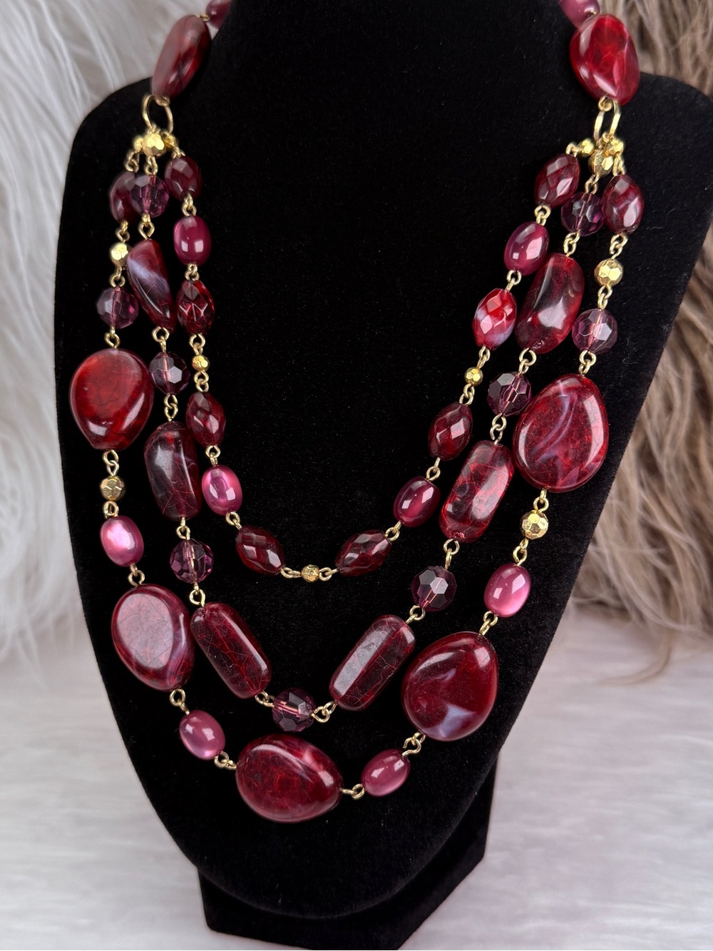 Robert Rose Vintage Red Triple Strand Statement Necklace Layer Beaded Gold Tone